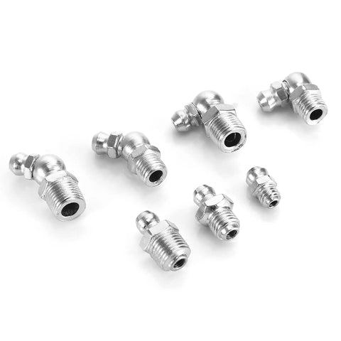 45 Piece M10x1 Brass Zerk Grease Nipple Fitting Kit for Hot Air Guns and Maintenance Tasks, showing angled fittings on a white background.