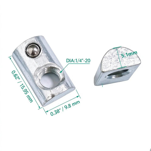 Heavy Duty Forty Pack Steel Spring Ball Roll In T Slot Nuts with 1/4"-20 thread, showcasing dimensions for precise CNC applications.