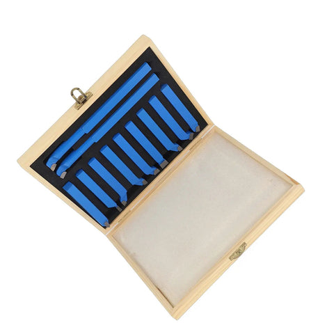 Rock Solid 11 Piece Lathe Tool Set With Carbide Tips displayed in a wooden case, featuring blue carbide tips and a black foam lining.