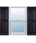 Black Vinyl Raised Panel Exterior Shutter Set, Pair, 15 By 39 Inches, One Piece Construction framing a window