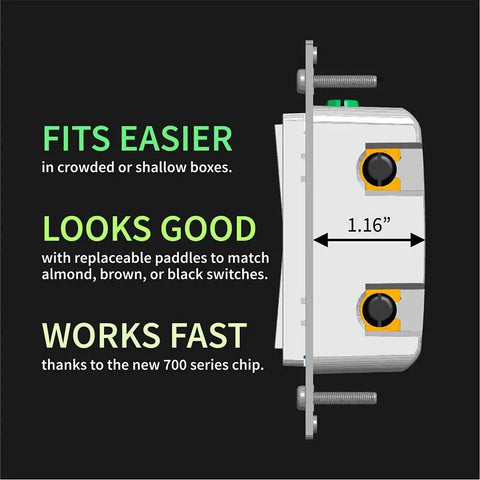 Side view of Long Range Z-Wave Dimmer Switch S2 800LR White showing fit and compatibility features.