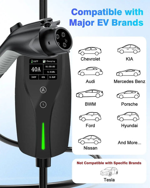 Level 2 EV Charger 40 Amp 9.6kW Lightning Fast Home Charge with 25 Foot Cable, showing compatibility with major EV brands.