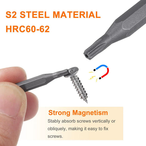 Close-up of 10 Piece Torx Bit Set T8H Magnetic 6 Point Star Heads With Five Thirty Two Inch Hex Shank 28mm Length S2 Steel for electric tools.