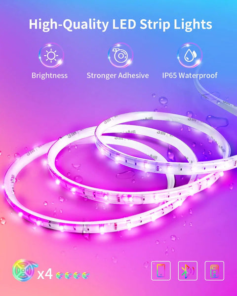 66Ft Waterproof LED Light Strips For Outdoor RGB Color Changing With App Bluetooth Music Sync lighting in water droplets