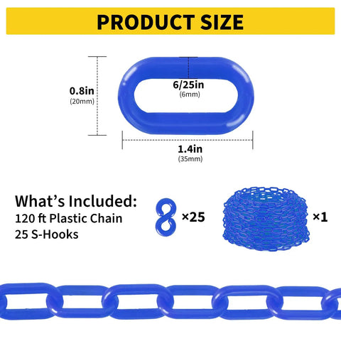 Product dimensions and contents of Heavy Duty 120 Ft Plastic Safety Chain With 25 S Hooks For Crowd Control And Barrier Setup All Weather UV Resistant Outdoor Chain Links For Parking Lots Queues Construction Sites And Event Perimeter Security.
