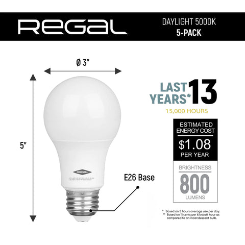 Bright Daylight 5000K A19 LED Bulbs, 800 Lumens, 9-Watt, 60-Watt Equivalent, E26 Base, Non-Dimmable, 5-Pack, size and lifespan details