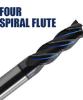 Close-up of a four-flute TiAlN-coated carbide end mill from the Six Piece Carbide Square End Mill Set In Three Sixteenth Inch Size.