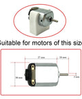 Mini 20mm DC motor with white plastic mounting bracket; metal housing and protruding shaft, shown with size diagram.