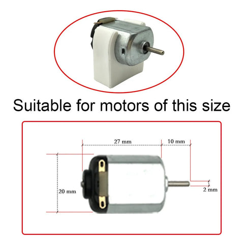 Mini 20mm DC motor with white plastic mounting bracket; metal housing and protruding shaft, shown with size diagram.