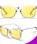 Front and side view of VISOONE polarized driving glasses with yellow night-vision lenses and clear frame.