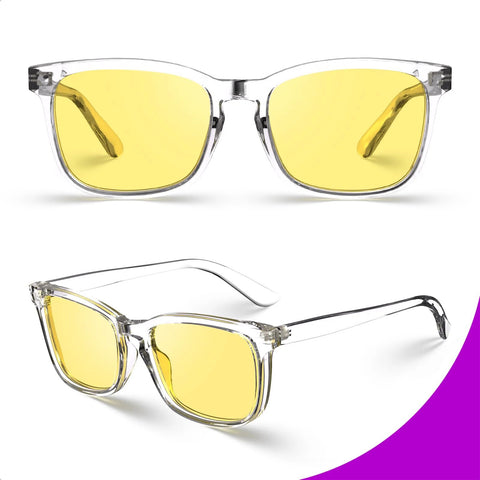 Front and side view of VISOONE polarized driving glasses with yellow night-vision lenses and clear frame.