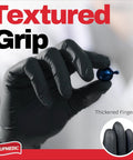 Supmedic black nitrile exam gloves with textured grip, XL size, powder-free, close-up of gloved fingertips