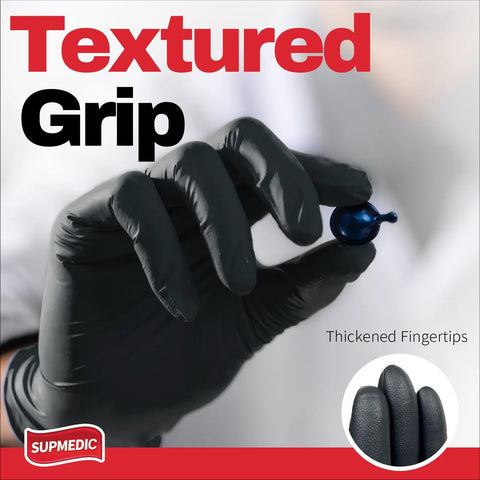 Supmedic black nitrile exam gloves with textured grip, XL size, powder-free, close-up of gloved fingertips
