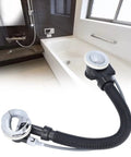 Luocute Bathtub Overflow Drainer Flexible Pipe for Spa Bathtub showing curved black pipe and chrome cover in modern bathroom.