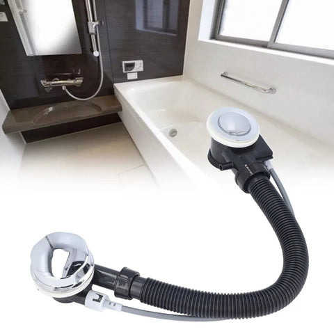 Jenivaint Bathtub Overflow Drain Pipe Concealed Design, sleek black pipe with chrome finish, installed beside modern bathtub.