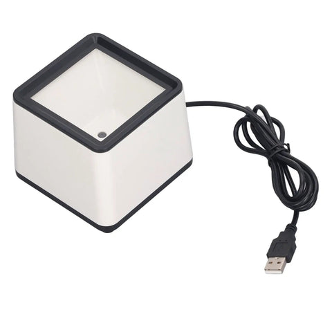 Plug And Play 2D Barcode Scanner For Desktop POS And Retail, compact design with USB cable visible, no software or drivers needed.