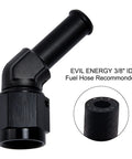 6AN Female To 3 Eighth Inch Barb Hose Fitting With Forty Five Degree Swivel For High Pressure Auto Racing Beefed Up Aluminum 6061 T6 Easy Install 1500 PSI Temperature Range Minus 65 F To 252 F, black 3/8 ID barb