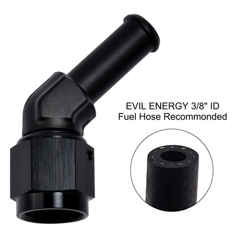 6AN Female To 3 Eighth Inch Barb Hose Fitting With Forty Five Degree Swivel For High Pressure Auto Racing Beefed Up Aluminum 6061 T6 Easy Install 1500 PSI Temperature Range Minus 65 F To 252 F, black 3/8 ID barb