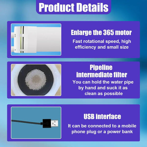 Heavy Duty Oil Extractor Pump With 5V Portable Electric Fluid Siphon And Extended Hose For Quick Engine Oil Swaps Plus Zero Drip Brake Fluid Transfer That Makes Maintenance A Breeze Today product details showing motor, filter, and USB interface.