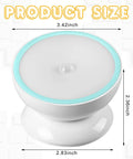 2 Pack Motion Sensor LED Night Lights Cordless Puck With Rotating Base Battery Operated White, dimensions shown: 3.42x2.83x2.36 inches.