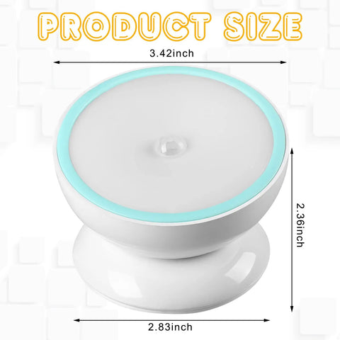 2 Pack Motion Sensor LED Night Lights Cordless Puck With Rotating Base Battery Operated White, dimensions shown: 3.42x2.83x2.36 inches.