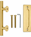 11.5 Inch Barn Door Handle Set With Dual Action Exterior Grip And Two Sided Interior Pull, Heavy Duty Steel Construction In Brushed Brass Gold Finish, Sliding Door Hardware Kit For Wood Doors And Closets, with screws and Allen key