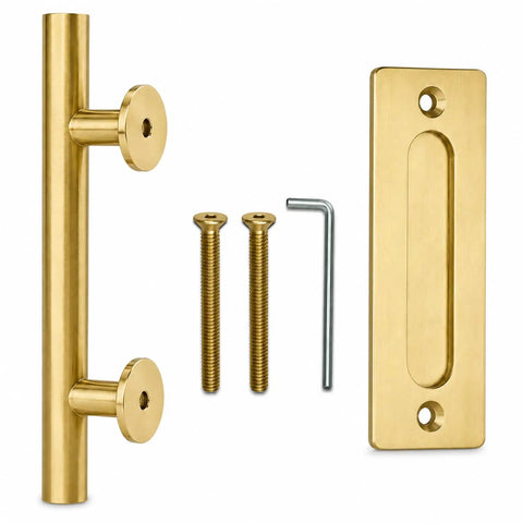 11.5 Inch Barn Door Handle Set With Dual Action Exterior Grip And Two Sided Interior Pull, Heavy Duty Steel Construction In Brushed Brass Gold Finish, Sliding Door Hardware Kit For Wood Doors And Closets, with screws and Allen key