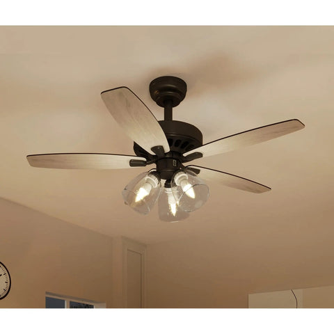 Farmhouse Ceiling Fan With Light And Remote, 52 Inch Outdoor Ceiling Fan In Oak And Black With Clear Seeded Glass Light Kit