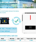 Image showing Heavy Duty 6.2 KW Solar Hybrid Inverter 48V, battery compatibility details, and recommended cable sizes.