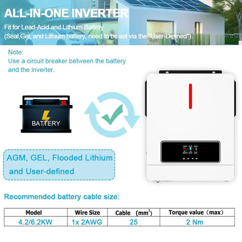 Image showing Heavy Duty 6.2 KW Solar Hybrid Inverter 48V, battery compatibility details, and recommended cable sizes.