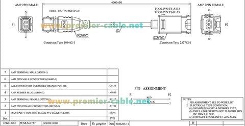 Garage Tested Two Pin JPT Extension Cable With IP67 Sealed Male To Female Plugs wiring diagram with pin assignments.