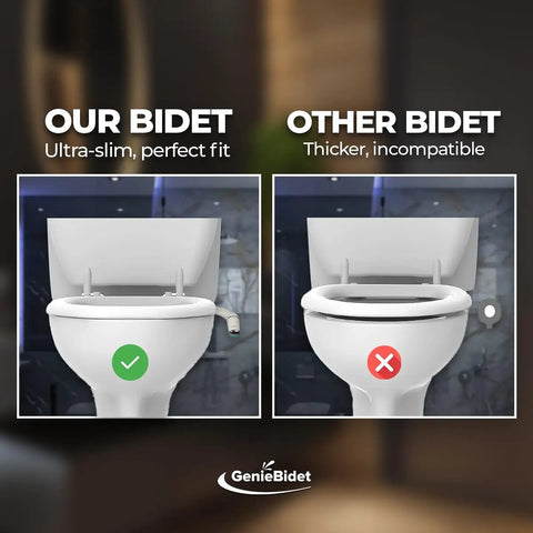 Comparison of Ultra Slim Left Handed Bidet Attachment and thicker bidet on toilet seats, showcasing slim fit.