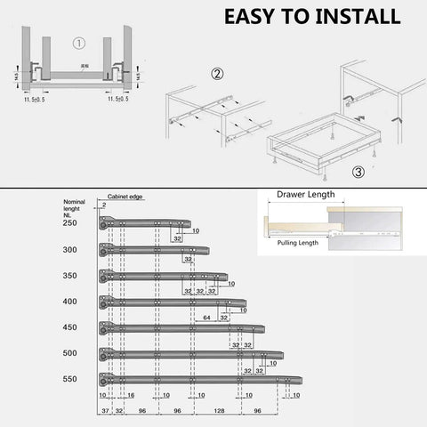 Heavy Duty Metal Drawer Slides 10 To 22 Inch Bottom Mount Rails With 99 Lbs Load Capacity Per Pair, Smooth Glide Track For Kitchen And Dresser Drawers, Includes Two Extended Guide Rails, Durable Steel Construction installation diagram and size chart
