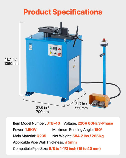 Heavy Duty Electric Tube Bender Machine 1.5 Kw Power Bends 5/8 To 1-1/2 Inch Pipes With Five Dies, featuring blue industrial design.
