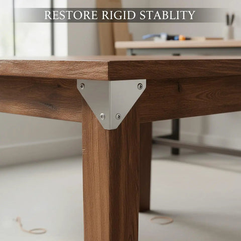Heavy Duty Stainless Steel L Brackets 100 Pack 11.8 Inch Corner Supports for fixing wobbly furniture under a wooden table.
