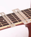 Guitar Luthier Tool Set With Fret Crowning File Radius Gauges Feeler on guitar fretboard with fingerboard guards in use.