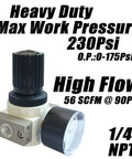 Beefy 1/4 NPT Heavy Duty Air Pressure Regulator For Compressed Air Systems Adjustable 0-180 Psi Max 230 Psi High Flow