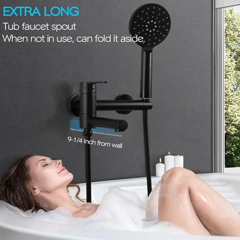 Dope Matte Black Wall Mount Bathtub Faucet With Hand Shower And Long Reach Spout 9.25 Inch Folding Spout Tub Filler in use