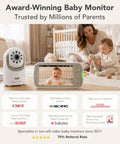 Patented Active Noise Reduction 5 Inch HD Video Baby Monitor With One Camera No Wifi Hack Proof Pan Tilt Zoom and Interchangeable Lenses showing friendly baby and camera.