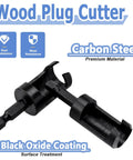 Flat Out Excellent Wood Plug Cutter Drill Bits Set With Quarter Inch Hex Shank, carbon steel with black oxide coating for durability.