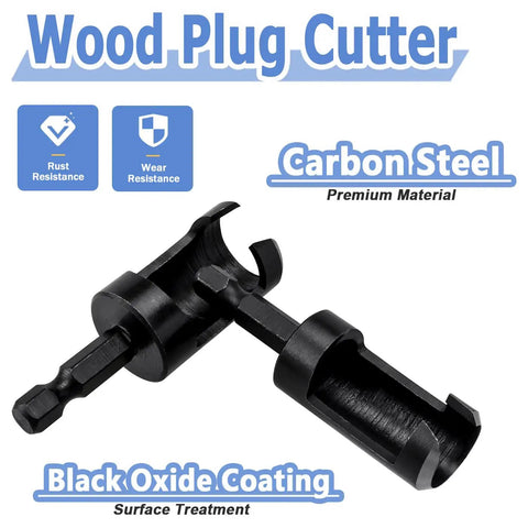Flat Out Excellent Wood Plug Cutter Drill Bits Set With Quarter Inch Hex Shank, carbon steel with black oxide coating for durability.