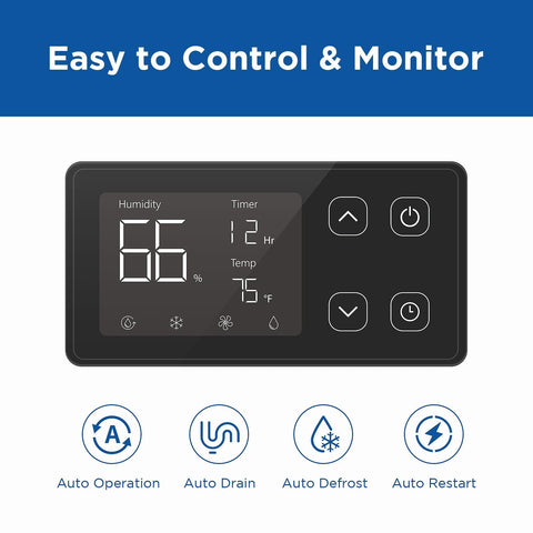 Control panel of 260 Pints Commercial Dehumidifier With Pump And Drain Hose For Basements And Large Spaces Like Warehouses