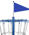 Top view of Portable Disc Golf Basket Target With 12 Chains, Sturdy Steel Base, blue flag, and weatherproof design for outdoor play
