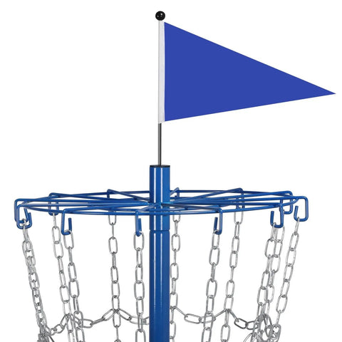 Top view of Portable Disc Golf Basket Target With 12 Chains, Sturdy Steel Base, blue flag, and weatherproof design for outdoor play