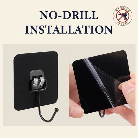 Black Self Adhesive Wall Hooks 10 Pack Heavy Duty Peel And Stick Mounting Brackets No Drill Hanging Rack No Sweat Slick Grip for easy installation.