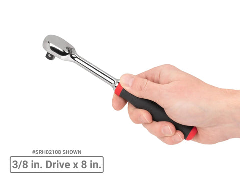 Hand holding 3/8 in drive No Quick Release Comfort Grip Ratchet Set, 90 tooth gear, ultra compact head, four degree swing arc.