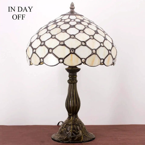 Tiffany Style Cream Amber Stained Glass Table Lamp With Bead Accents for a Lit Desk or Bedside Vibe, 12 Inch Shade, 18 Inch Tall