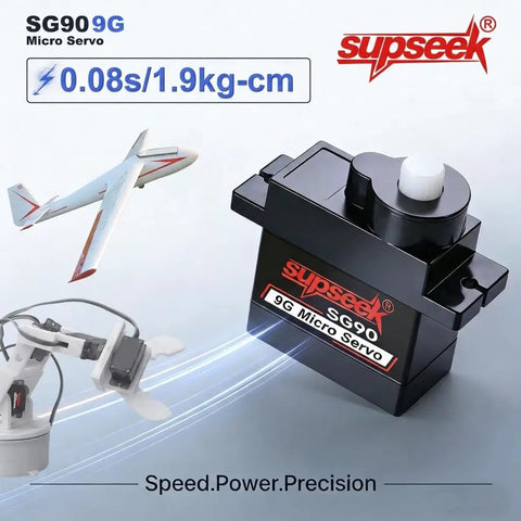 Beefed Up 9g Micro Servo Motors With Metal Gear And Shaft Upgrade Pack shown with RC aircraft and robot arm.