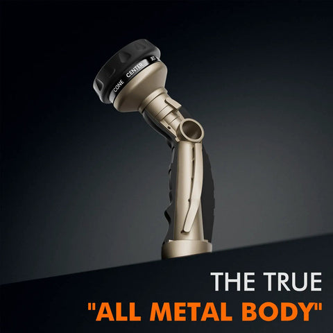 Side view of Built Tough Heavy Duty Metal Hose Nozzle With 9 Spray Patterns High Pressure Sprayer Thumb Flow Control