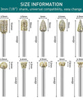 Heavy Duty Diamond Grinding Burrs And Drill Bit Set 20 Piece Rotary Tool Accessories With Standard 1/8 Inch Shank detailed size information.